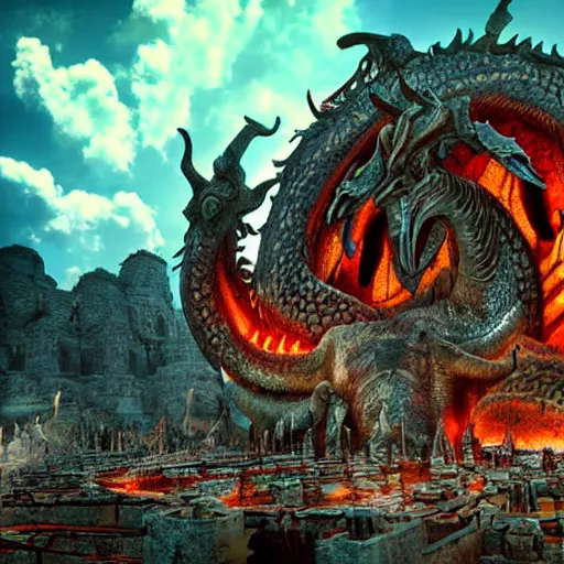 Image similar to huge temple in hell with dragons in the sky above it, sharp focus, digital art, epic composition, dynamic lighting, intricate, highly detailed, 8 k, unreal engine, blender render