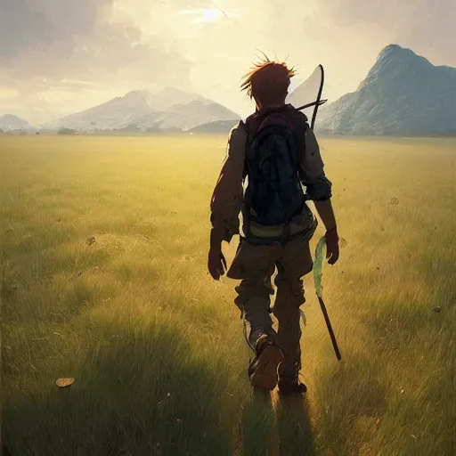 Prompt: portrait of hiker walking through the field, sharp focus, character art, illustration, digital painting, trending on artstation, by masamune shirow, by greg rutkowski.