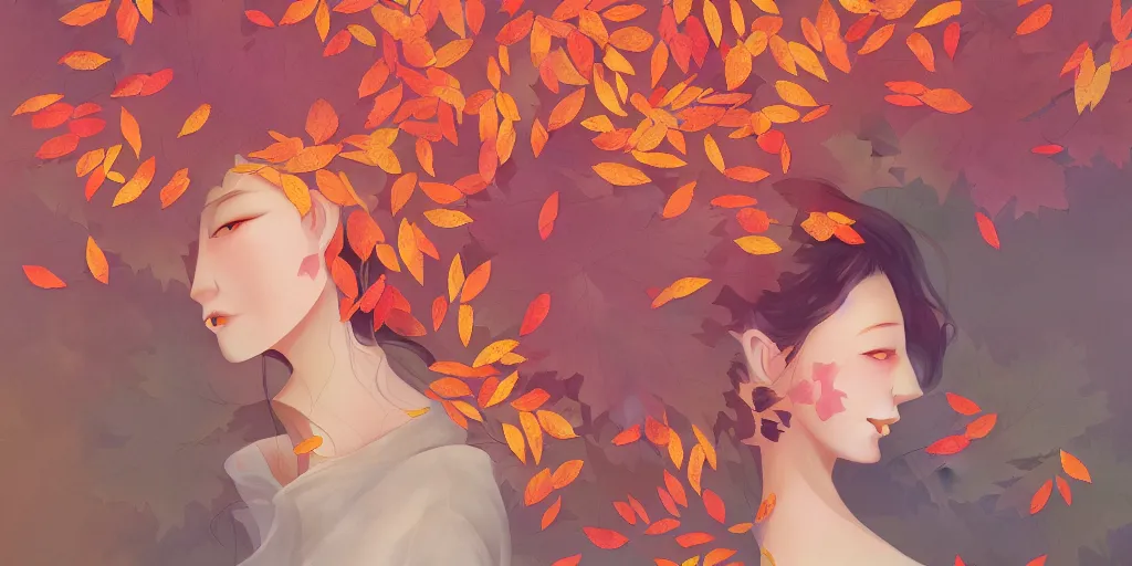 Prompt: breathtaking detailed concept art painting pattern blend of autumn leaves and girls, by hsiao - ron cheng, bizarre compositions, exquisite detail, pastel colors, 8 k