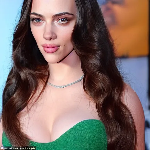 Image similar to a woman who is a genetic combination of kim kardashian and kat dennings and scarlett johansson and margot robbie and emma watson, face and upper - body focus