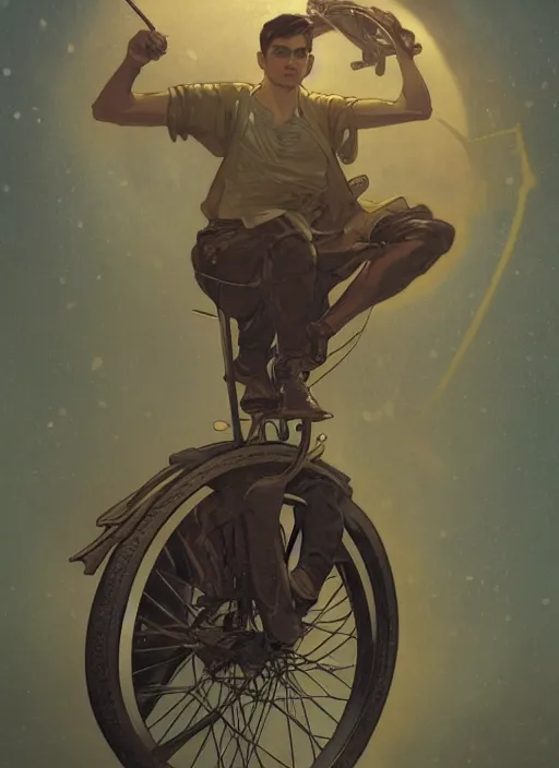 Prompt: Ben Shapiro riding a unicycle, sigma male, accurately portrayed, portrait art by alphonse mucha and greg rutkowski, highly detailed, digital painting, concept art, illustration, dim lighting with twilight rays of sunlight, trending on artstation, very detailed, smooth, sharp focus, octane render, close up