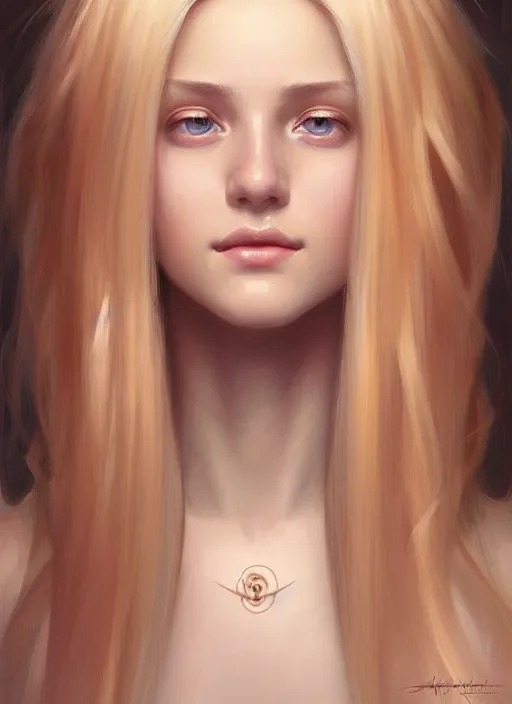 Prompt: beautiful feminine face! portrait of young woman blessed by god with ever - increasing physical mental perfection, blonde hair, symmetrical! intricate, elegant, highly detailed, holy perfection!! smile, feminine features, digital painting, artstation, concept art, smooth, sharp focus, illustration, art by artgerm and greg rutkowski and alphonse mucha