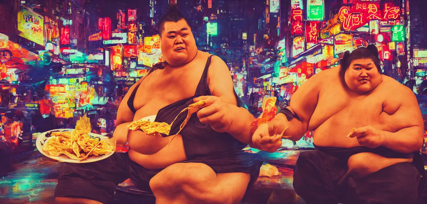 Image similar to sumo wrestler eating crispy tacos with hot sauce, photo realism, bokeh background, neon lights, city background, high definition, slr