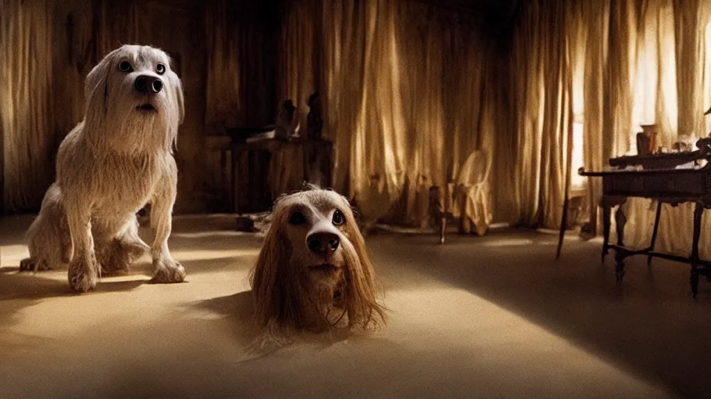 Prompt: the strange dog in the attic, made of wax and water, film still from the movie directed by Denis Villeneuve with art direction by Salvador Dalí, wide lens