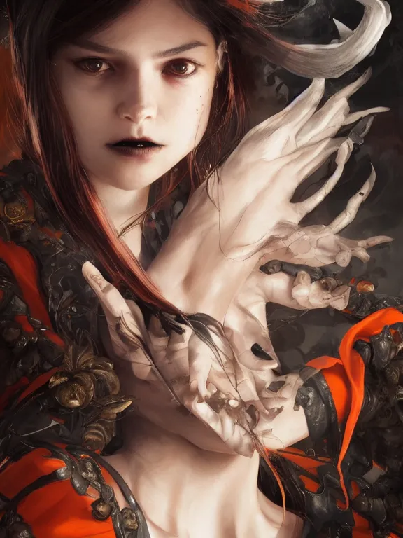 Prompt: Full shot of a mischievous young witch about to get up to some trouble. Latin American fashion. Black and Orange palette. Latina girl. brown skin. Symmetrical facial features. By Ruan Jia and Artgerm and Range Murata and WLOP and Ross Tran. Key Art. Fantasy Illustration. award winning, Artstation, intricate details, realistic, Hyperdetailed, 8k resolution.