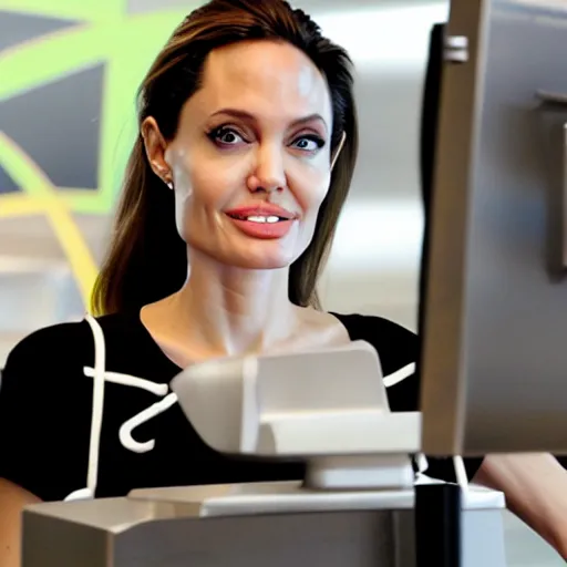 Image similar to Angelina Jolie working as a McDonalds cashier, macro, wide shot, dramatic, HD