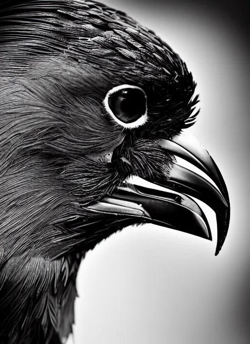 Prompt: a profile portrait, a stunning young cyborg female mixed crow mixed vegetal, editorial photography, bw, shot on 7 0 mm, depth of field, f / 2. 8, high contrast, 1 6 k, volumetric lighting, shiny, insanely detailed and intricate, hypermaximalist, elegant, ornate, hyper realistic, super detailed