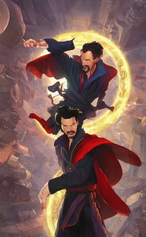 Image similar to the third first image on the scattered absurdity server, dr strange and dr seuss, very pretty, photorealistic, portal hopping and time warping with reckless abandon, by Greg rutkowski