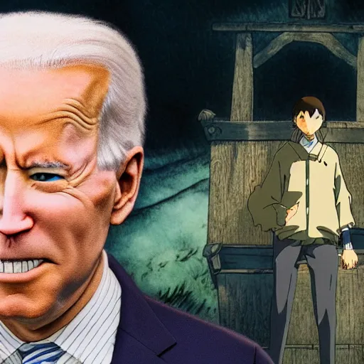 Prompt: screenshots of the Miyazaki anime movie Joe Biden Goes on an Adventure