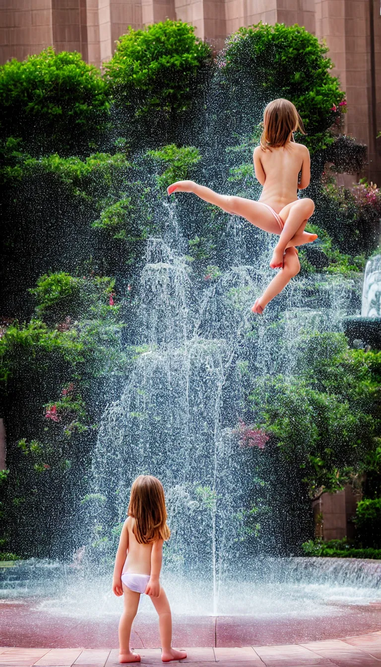 Image similar to Beautiful girl under the rainbow fountain,