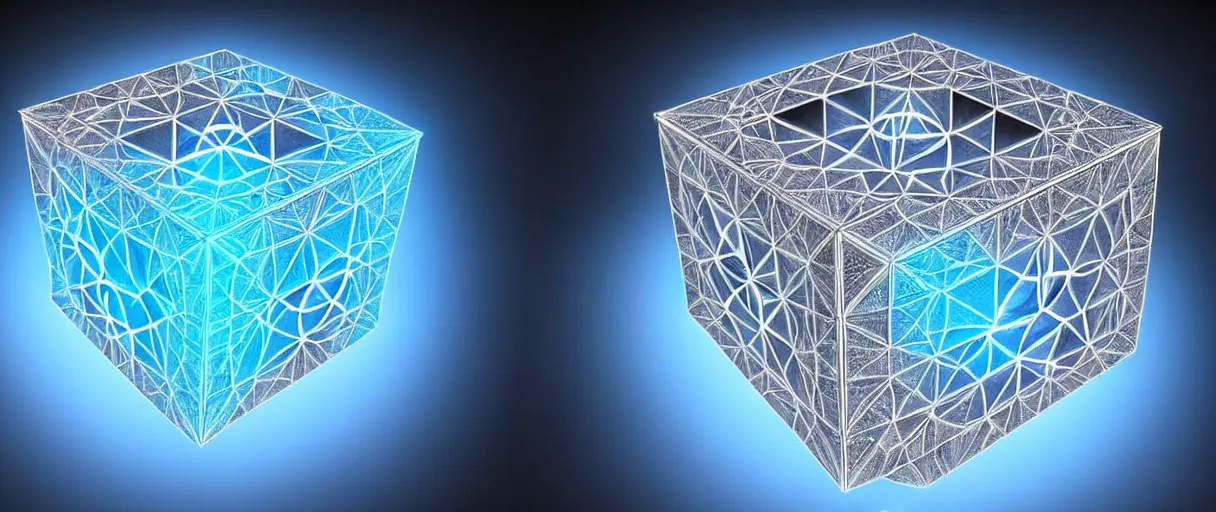 Image similar to hyperrealistic highly detailed metatron's cube rotating mid-air iridescent escher dali matte painting moody blue lighting low angle hd 8k sharp shallow depth of field