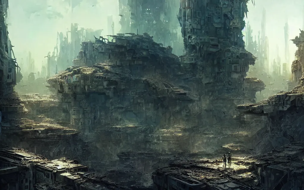 Image similar to Ultra realistic illustration, landscape with ruined futuristic city with gigantic destroyed monuments, sci-fi, fantasy, intricate, highly detailed, digital painting, artstation, concept art, smooth, sharp focus, cinematic lighting , art by Maciej Rebisz and Ashley wood and Fenghua Zhong