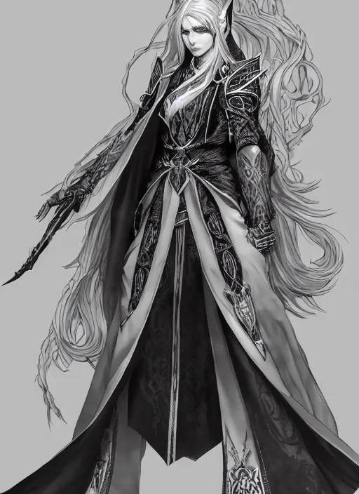 Image similar to Full body portrait of a beautiful elven female mage with black and white hair in ornate gray mage robe. In style of Yoji Shinkawa and Hyung-tae Kim, trending on ArtStation, dark fantasy, great composition, concept art, highly detailed.