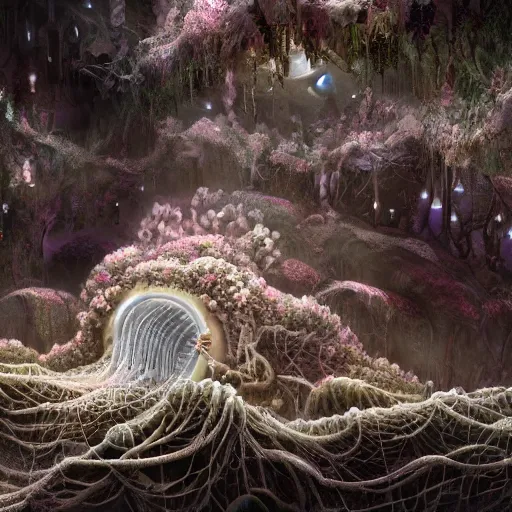 Image similar to biocomputer heart organ intertwined with white biocomputer flowers in a biomechanical cave forest, intricate environment, matte painting, diffused lighting, highly detailed cinematic, atmosphere, diffused lighting, highly detailed digital art, trending on artstation, depth of field, wide angle