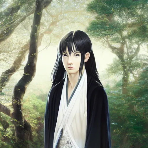 Prompt: a portrait of a young beautiful prince, golden eyes, long black hair, white hanfu, elegant, intricate, backlit, incredible lighting, strong rim light, subsurface scattering, photorealistic anime, epic beautiful landscape, cherry trees, highly detailed, digital painting, by Heise Jinyao, Heise-Lian Yan Fang, Feimo, Rossdraws, HDRI, vivid colors, high contrast, 8k