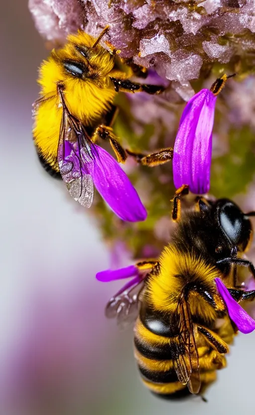 Image similar to a bee finding a beautiful flower, both entrapped in ice, only snow in the background, beautiful macro photography, ambient light