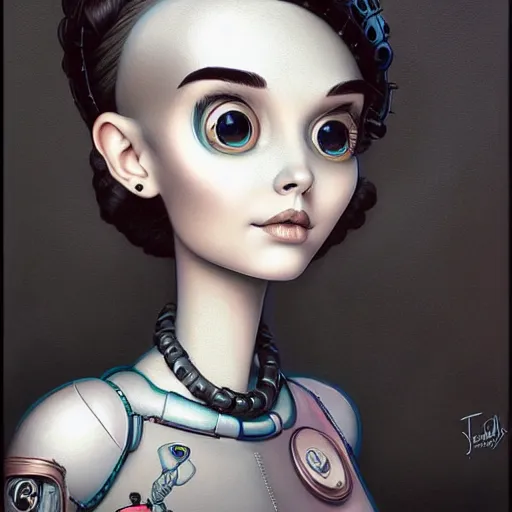 Image similar to Lofi portrait with robot, Pixar style by Joe Fenton and Stanley Artgerm and Tom Bagshaw and Tim Burton