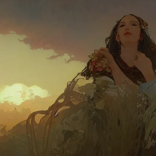 Image similar to Concept art, the sky at dusk, 8k, alphonse mucha, james gurney, greg rutkowski, john howe, artstation