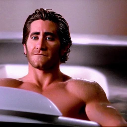 Image similar to a movie poster of Jake Gyllenhaal as patrick Swayze sitting in a hot tub in the movie Road House