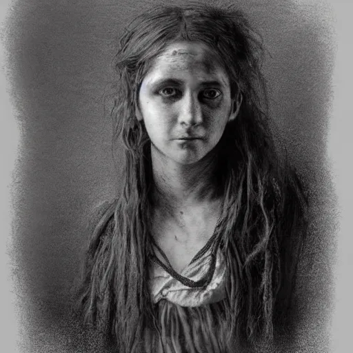 Image similar to a pencil drawing portrait of dirty poor sad victorian girl, dressed in rags, ultra realistic, concept art, detailed