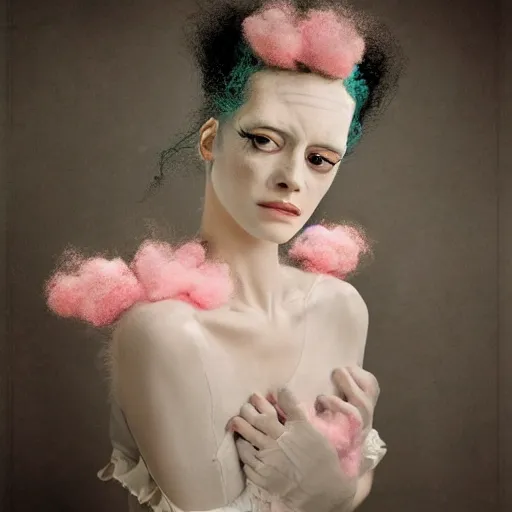 Prompt: portrait of an excitied bride of frankenstein with soft pink and white cotton fluffy balls floating in image, fashion photography, highly detailed, digital photography by jheronimus bosch and james jean and james rutkowski, fashion photography, medical stitches around her neck, electricity arcs