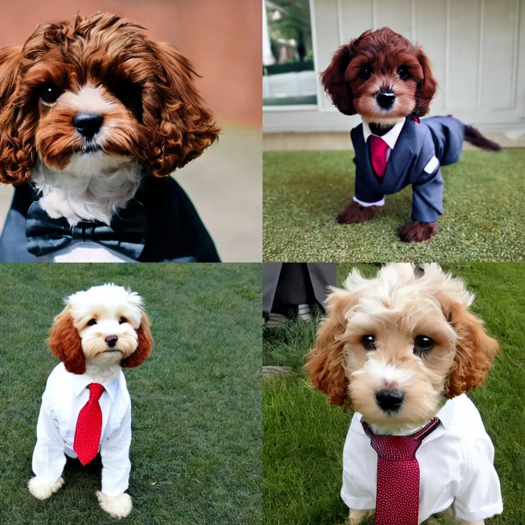 Prompt: A cavoodle dog wearing a suit and tie