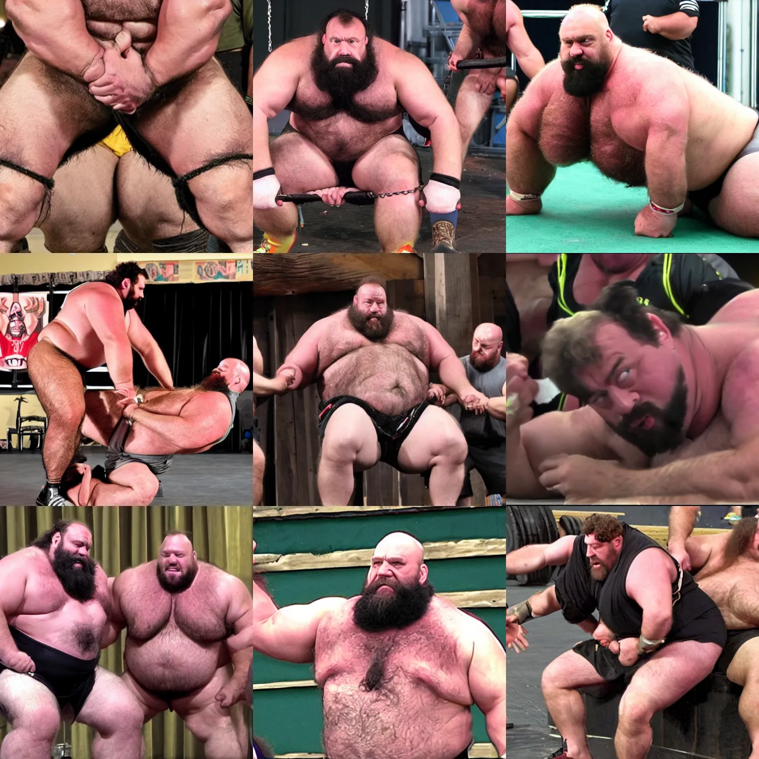 Prompt: burly hairy big strongmen restrained and hypnotized