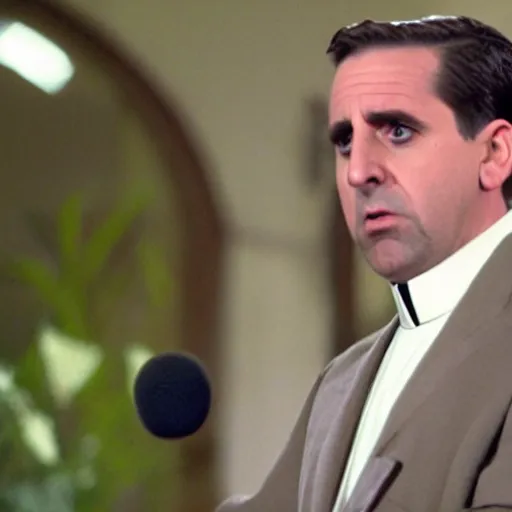 Image similar to Michael Scott as a Catholic priest giving a sermon at the pulpit