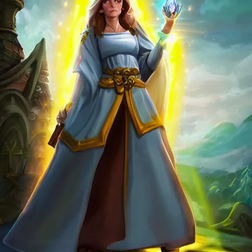 Image similar to beautiful holy female wizard, yellow lighting, emma watson face, in hearthstone art style, epic fantasy style art, fantasy epic digital art, epic fantasy card game art