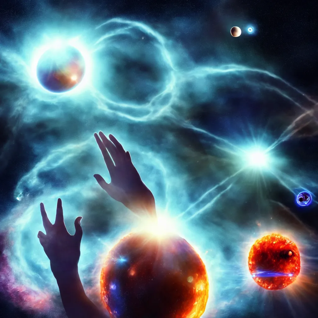 Prompt: giant celestial god levitating a solar system between it's hands, space, black hole, planet, clouds, nebula, creature, monster, alien tentacles, apocaplypse, destruction, demon, magician, archmage, wizard, tower, castle, colorful, high constrast, lens flare, oil painting, detailed, 4 k, 8 k, peter mohrbacher