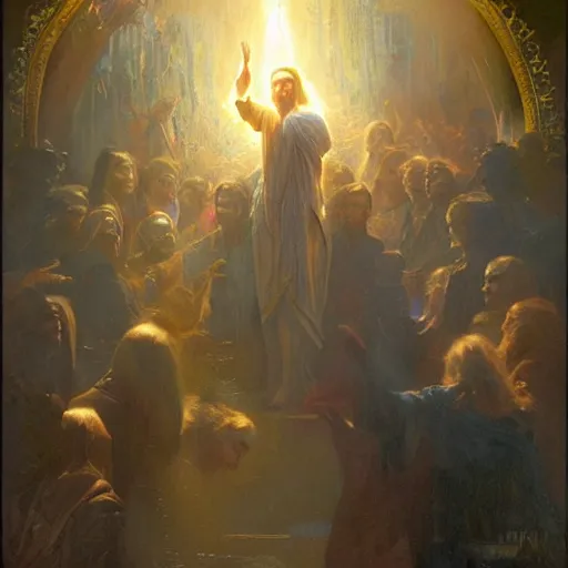 Image similar to donald trump as jesus, radiant light, caustics, heroic, bright iridescent light, by gaston bussiere, bayard wu, greg rutkowski, maxim verehin