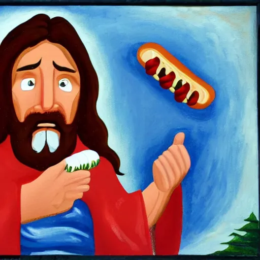 Image similar to Jesus eating a hotdog while reloading his revolver painting