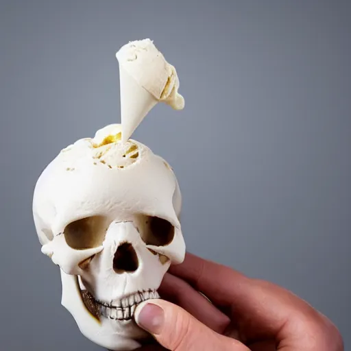 Prompt: melting human skull in ice cream cone