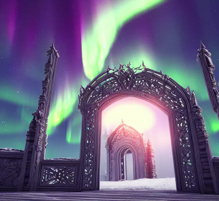 Image similar to a very detailed concept art of intricate and minimalistic gates to aurora borealis, trending on artstation, symmetry, digital art, 4 k, hyper realistic, octane render, sharp focus