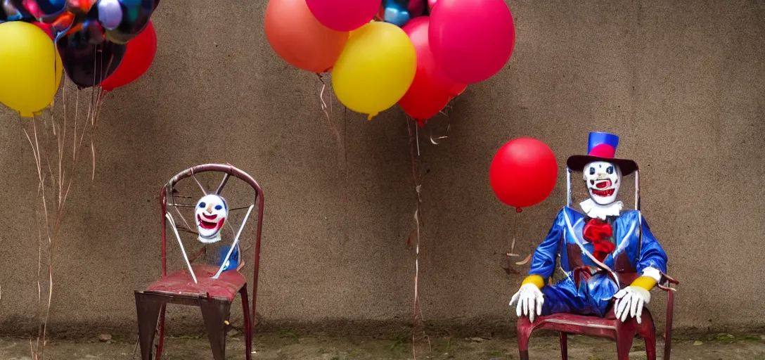 Image similar to a rusty steel chair with a smiling clown sitting on it, 4K, dark, horror, balloons,