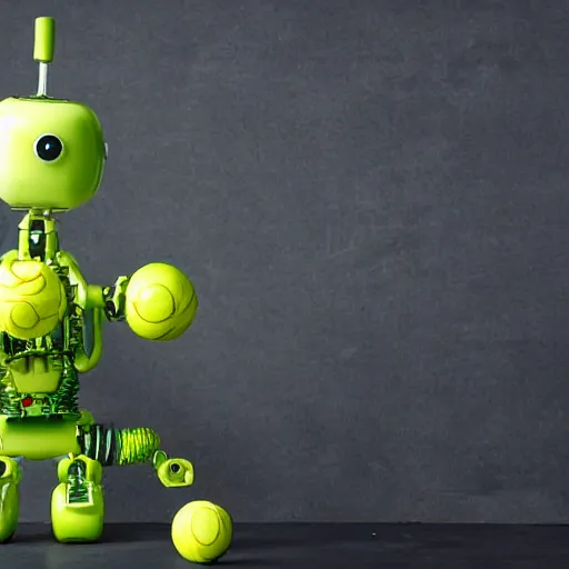 Image similar to scary robot made of apples and tennisballs