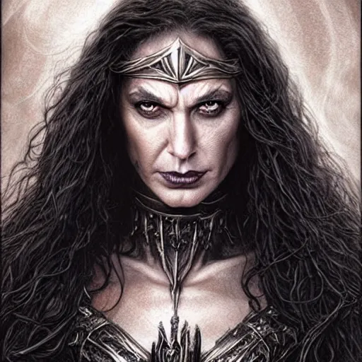 Prompt: head and shoulders portrait of an evil, black - skinned night hag portrayed by gal gadot, d & d, fantasy, luis royo, magali villeneuve, donato giancola, wlop, krenz cushart