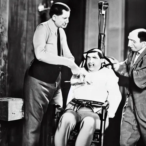 Image similar to the 3 stooges playing with an electric chair