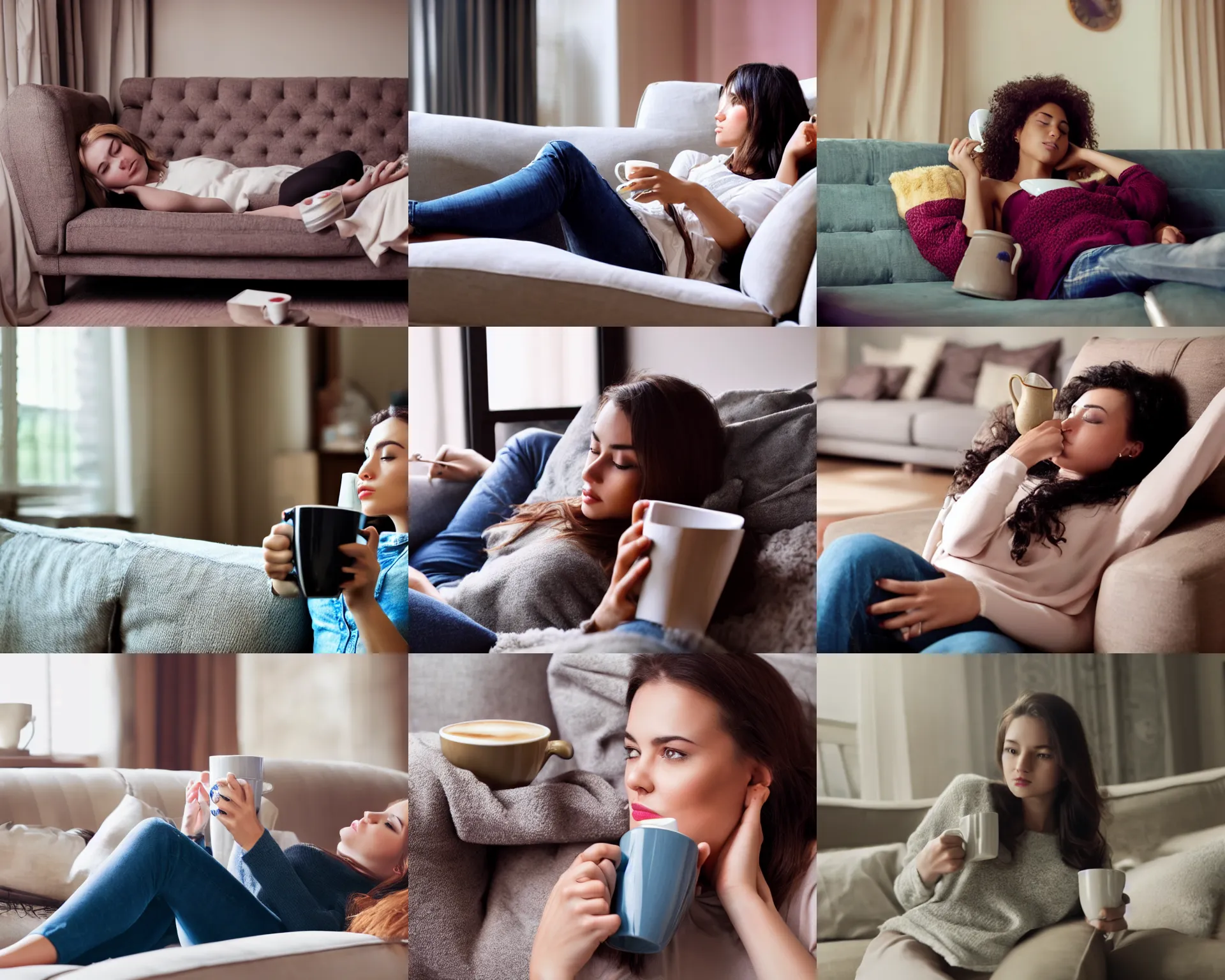 Prompt: a beautiful scene of a young lady lying on the sofa drinking cup of coffee, full body, movie screen shot