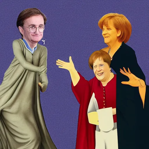 Image similar to the creation of adam, but with angela merkel and harry potter faces instead, high quality