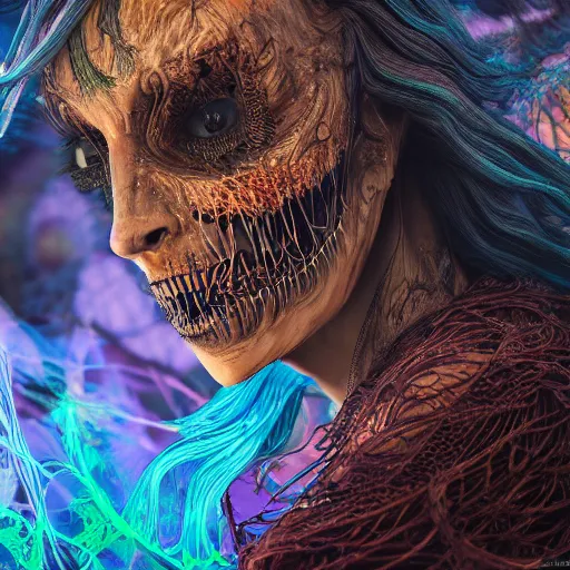 Image similar to photo of terrifying witch, hyper detailed, flowing background, intricate and detailed, trippy, 8 k, octane render