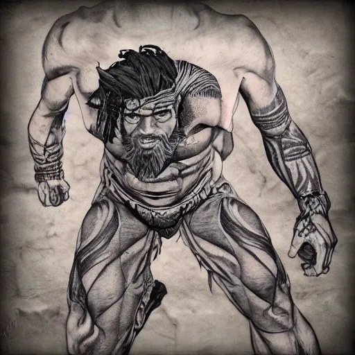 Prompt: Skinny Ripped Physique Portrait Aziz Shavershian Zyzz unreal engine 4 tribal tattoos Overdrive Final Fantasy tactics Portrait of Red Titan being summoned Dave Dorman Donato Giancola Ruan Jia borderlands cel-shaded