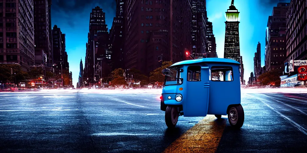 Prompt: an open frame blue tuk tuk going through a desolate manhattan city street at night, statue of liberty seen in the background, realistic 4 k octane beautifully detailed render, 4 k post - processing, highly detailed, detailed face, intricate complexity, epic composition, magical atmosphere, cinematic lighting, masterpiece, color picture, ultra hd