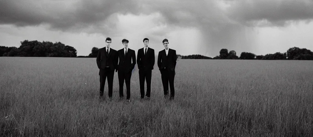 Image similar to 1 3 mm film photograph of a group of tall suited men in a field, liminal, dark, thunderstorm lightning, dark, flash on, blurry, grainy, unsettling