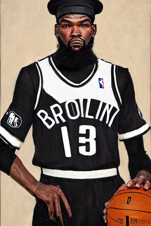 Image similar to full body portrait of the dictator of the brooklyn nets, 1 8 8 9, in full military garb, kevin durant, oil on canvas by william sidney mount, trending on artstation