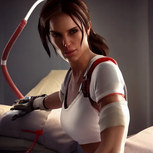 Image similar to lara croft, wearing a nurse outfit, resting on a hospital bed, real photo, hospital interior, intricate, soft lighting, cinematic composition, hyper realistic, 8k resolution, unreal engine 5