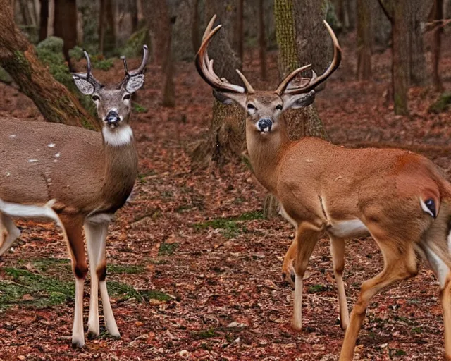 Image similar to a national geographic photo of deer that has red color skin in forest, f 2,0, telephoto, fine deatils