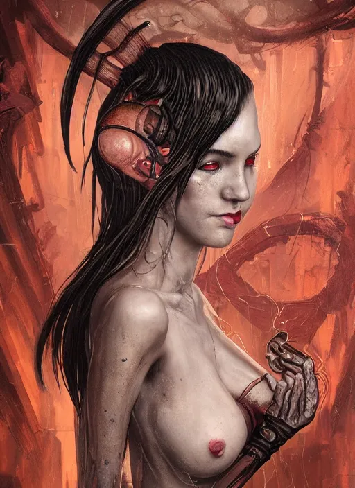 Image similar to dream portrait of a succubus in a dark ancient attic room,full character, melting ,8k,by tristan eaton,Stanley Artgermm,Tom Bagshaw,Greg Rutkowski,Carne Griffiths, Ayami Kojima, Beksinski, Giger,trending on DeviantArt,face enhance,hyper detailed,minimalist,cybernetic, android, blade runner,full of colour