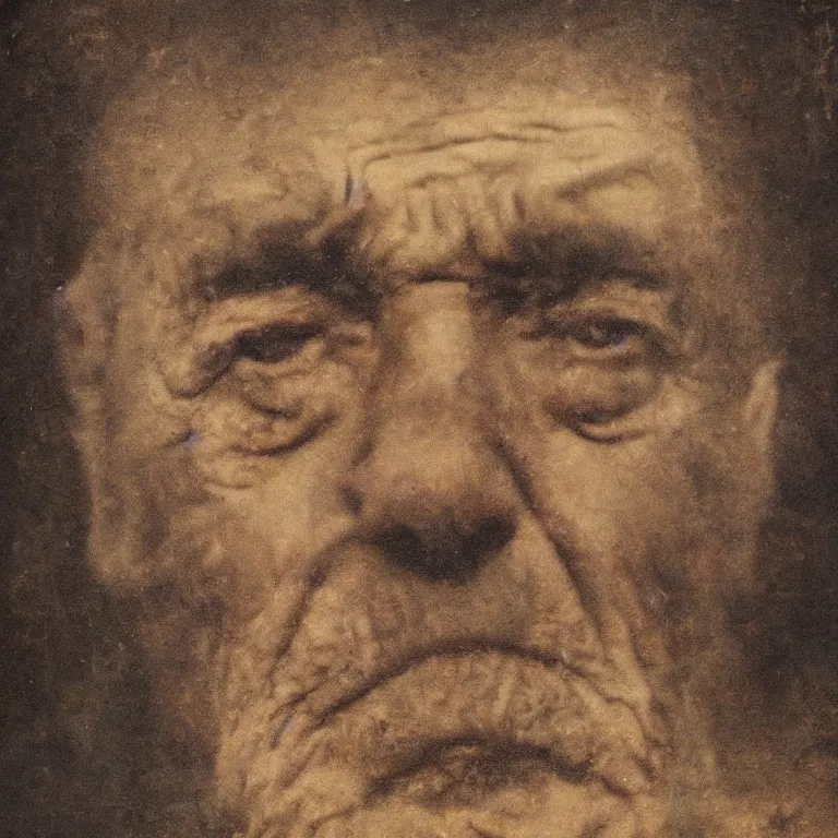 Image similar to tinted Antique tintype of Beautiful warmly lit close up expressionistic studio portrait of very angry! My father with his long eyebrows and perfectly straight nose singing angrily!, impasto oil painting heavy brushstrokes by Cy Twombly and Anselm Kiefer , trending on artstation dramatic lighting abstract Expressionism