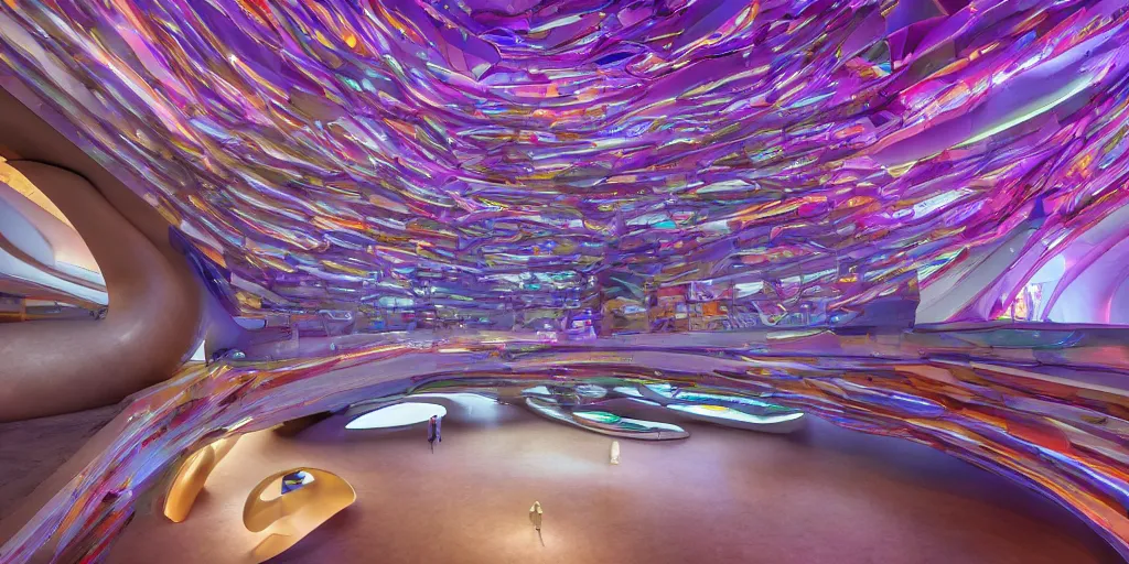 Image similar to extremely detailed stunning beautiful futuristic smooth curvilinear museum interior, colorful, hyper real, 8k, 3D cinematic volumetric light